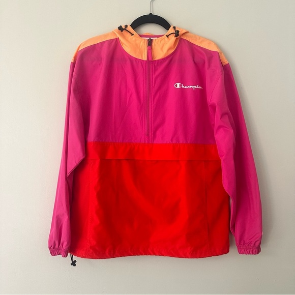 Champion Windbreaker Colorblock Pink Red Orange Quarter Zip Pullover Size Medium - Picture 1 of 12